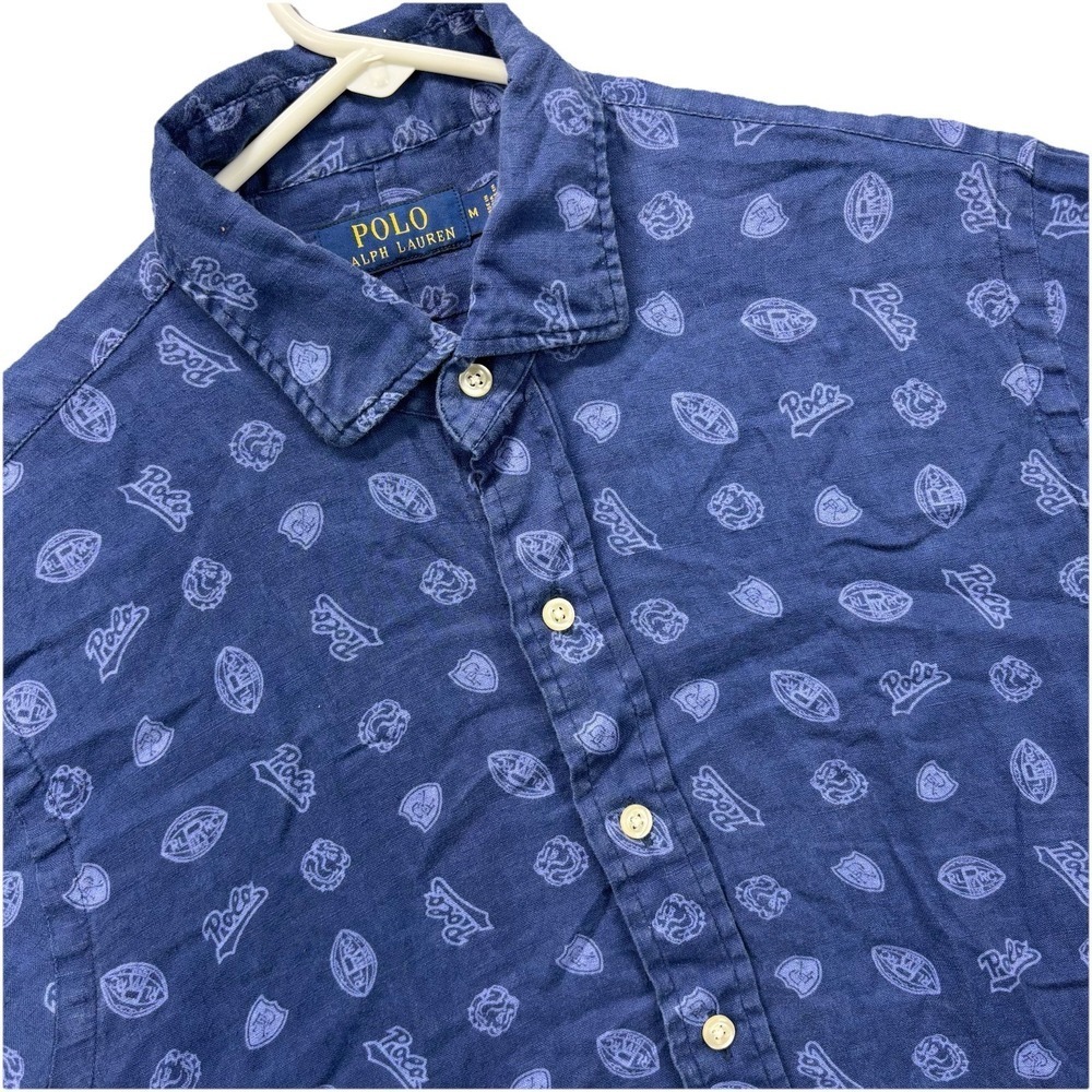 Polo ralph Lauren 100% Linen shirt mens M Blue all over print football button up